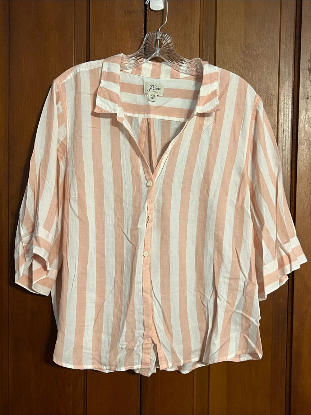 J Crew XXL Striped Pink White Cropped Button Up Top Camp Shirt